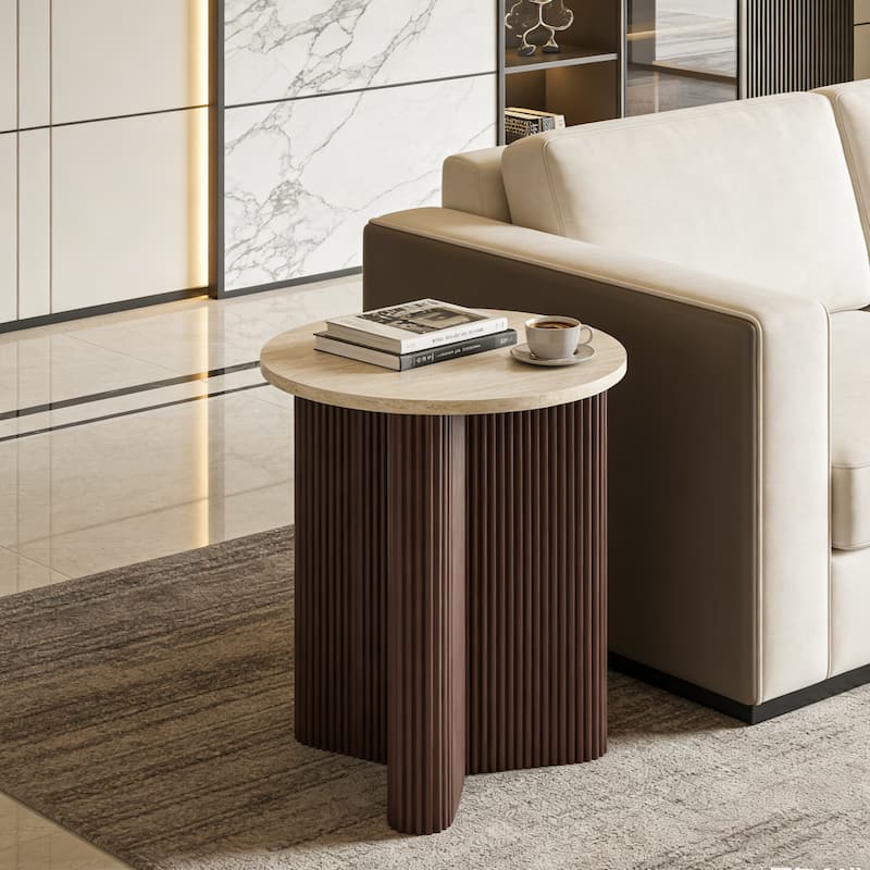 Christopher Knight Home - Arden Modern Marble Pattern Top Solid Side Table with Ribbed Brown Base - Brown-Marble Look