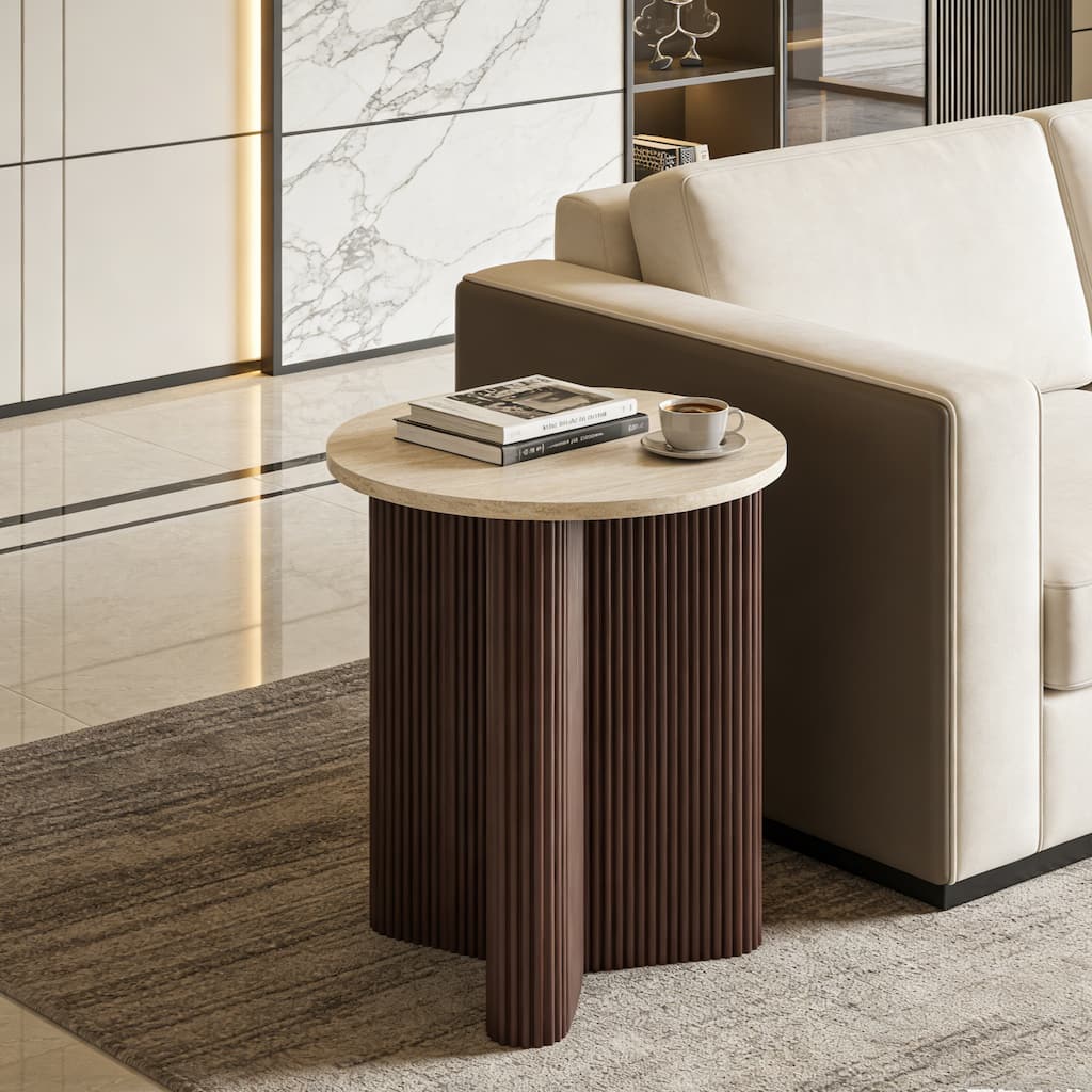 Christopher Knight Home - Arden Modern Marble Pattern Top Solid Side Table with Ribbed Brown Base