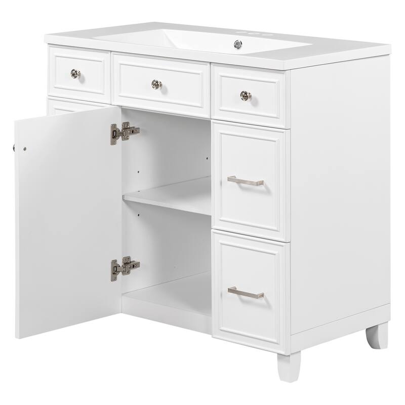 Modern 36-Inch Free-Standing Vanity with Single Sink, Storage Drawers & Adjustable Shelf