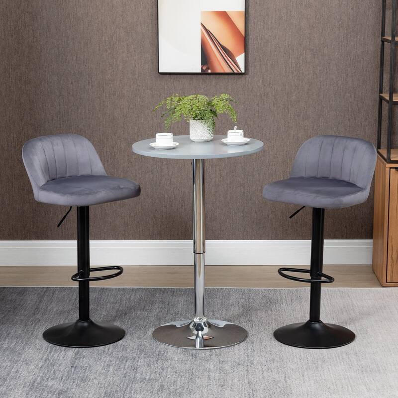 HOMCOM Adjustable Bar Stools Set of 2, Velvet Counter Height Barstool, Upholstered Kitchen Stool with Swivel Seat, Steel Frame - Grey