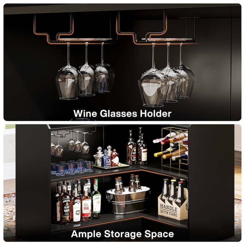 Black Wood L-Shaped Bar Cabinet, 4-Tier Corner Bar