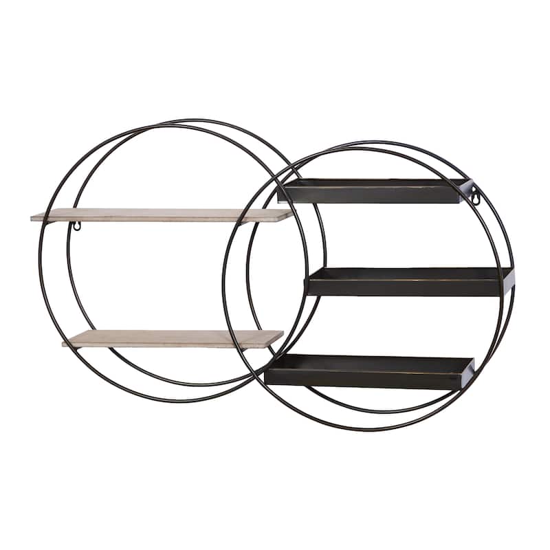 Metal Overlapping Circle 5 Level Geometric Wall Shelf with Wood Accents - Gold or Black