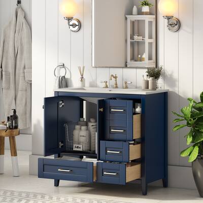 Bathroom Vanity with Left Offset Resin Sink, 4 Storage Drawers, Soft-Closing Doors, MDF & Solid Wood Construction