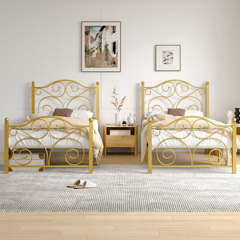 Javlergo 2-Pack Twin Size Victorian Metal Bed Frame for Kids with Headboard & Footboard No Box Spring Needed - Gold