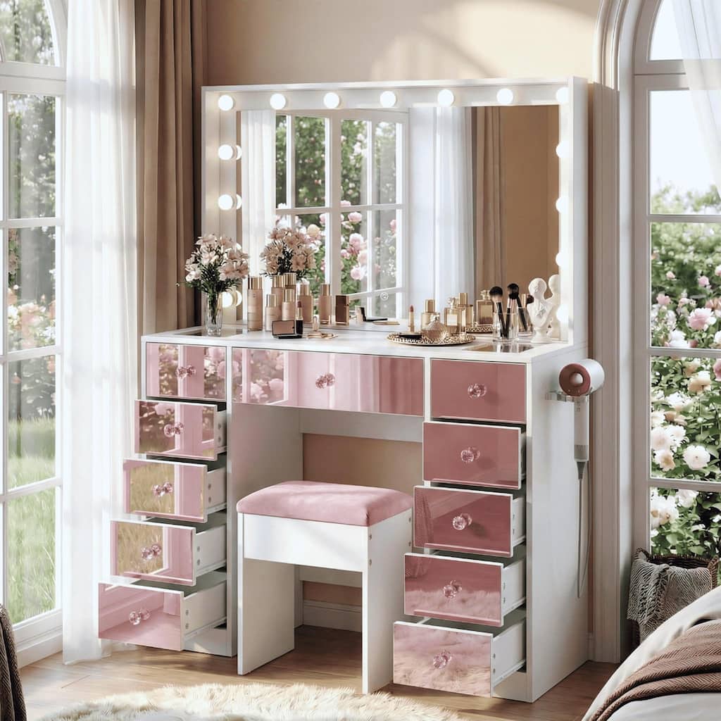 Roomfitters Makeup Vanity with Hollywood Lighted Mirror, 11 Drawers, Pink Glass Fronts, Hair Dryer Holder and Stool, Pink, White