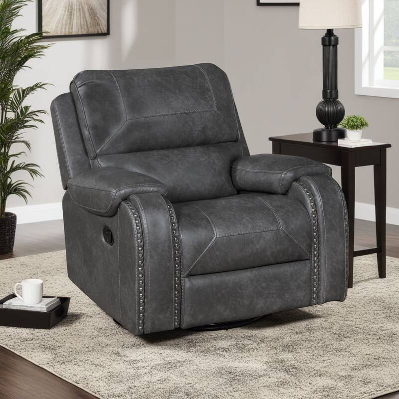 Dean Swivel Recliner Chair, Pillow Tufted Gray Faux Leather