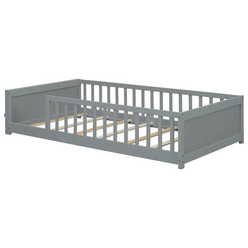 Twin Size Floor Platform Bed with Built-in Book Storage Rack