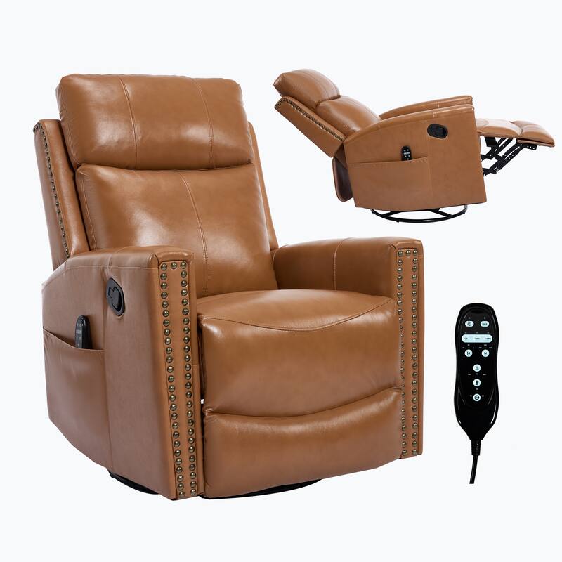 One Piece Genuine Leather Recliner Chair with Massage Heat Rocker and Swivel