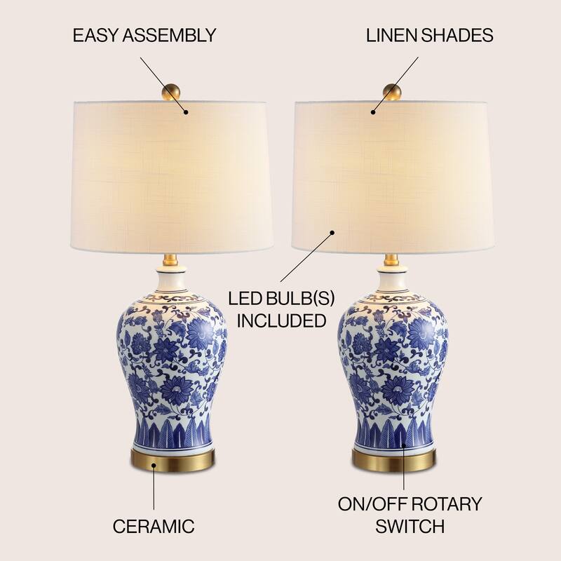 Allen 25.75" Ceramic/Metal LED Table Lamp, Blue/White (Set of 2) by JONATHAN Y