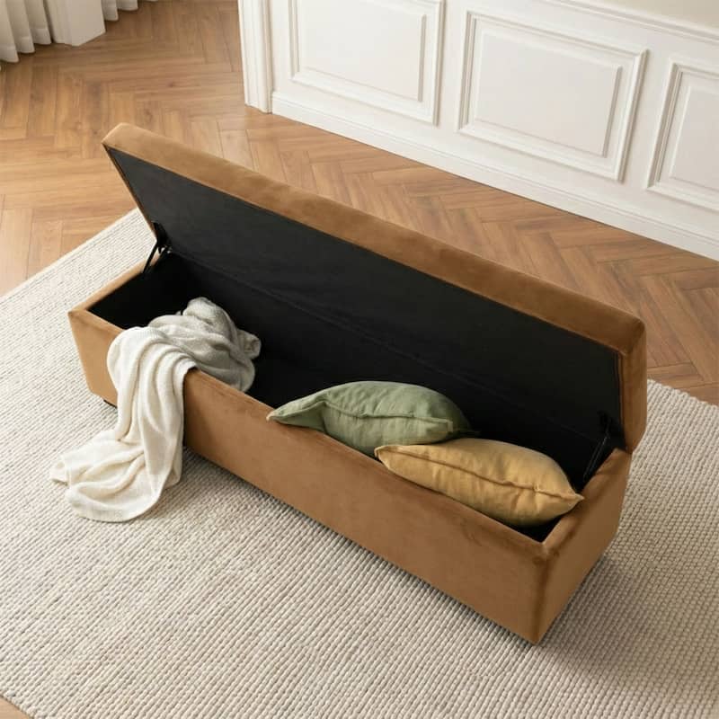 60" Wide Mid-Century Velvet Storage Bench With Solid Wood Base