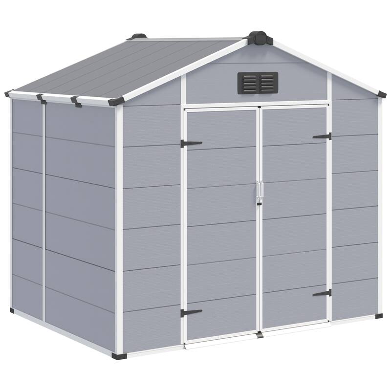 EROMMY Outdoor Storage Shed with Built-In Floor, Lockable Double Doors & Sloped Roof, Gray/Black