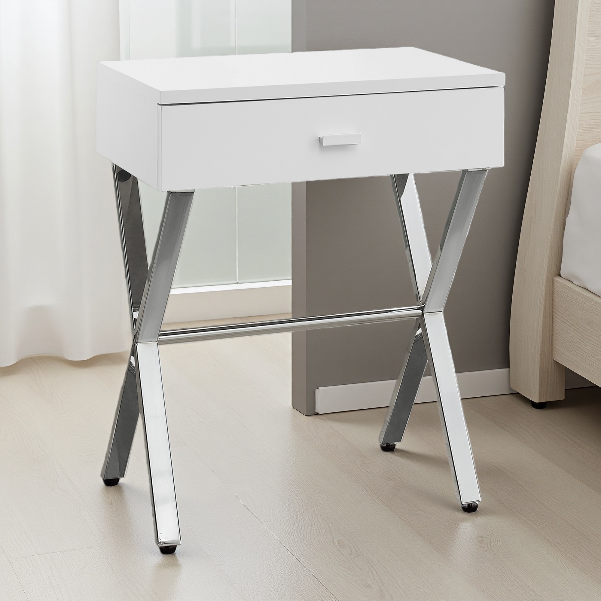 18.25"L Accent Table with Storage Drawer, Cement-Look Top, Chrome Metal X-Frame Base, Modern End Table Nightstand for Bedroom