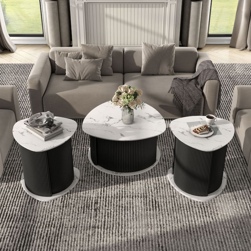 Furniture of America Astra Modern 3-Piece Black Triangle Storage Coffee Table Set - White Marble with Black Pedestal