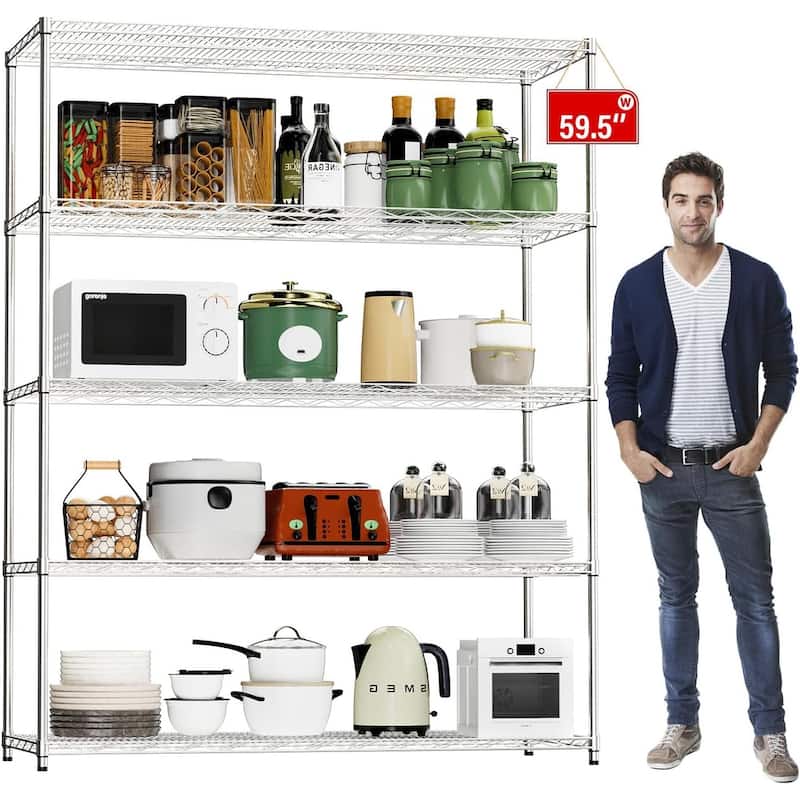 Wire Shelf Rack Shelving, 5 Shelf Metal Storage Rack with Wheels, 60"x24"x72" - 5 Tier - Silver