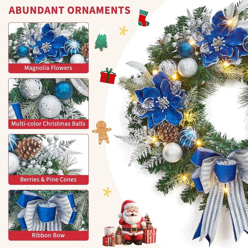 24" Prelit Lighted Christmas Wreaths for Front Door, Silver Blue - N/A