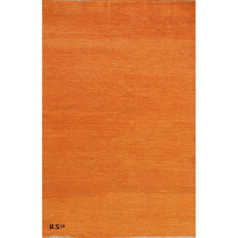 Contemporary Gabbeh Oriental Foyer Rug Hand-Knotted Orange Wool Carpet - 3'2"x 4'11"