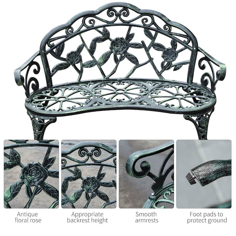 Cast Aluminum Two-Seat Outdoor Bench with Floral Rose Accent & Antique Finish, Green