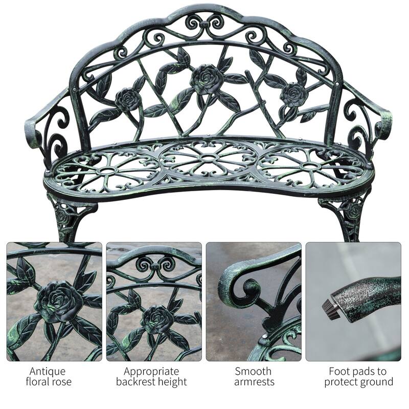 Outdoor Bench, Cast Aluminum Outdoor Furniture, Metal Bench With Floral Rose Accent & Antique Finish