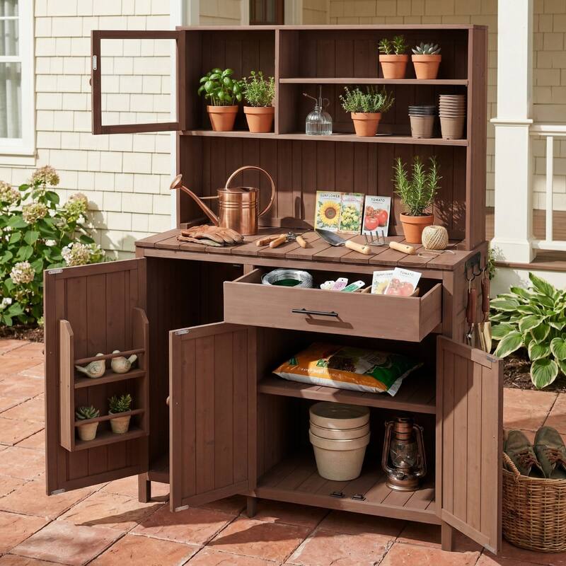 Roomfitters 65" Garden Potting Bench with Storage Hutch, Outdoor Potting Table & Prep Station, Drawer, Cabinet, Shelves