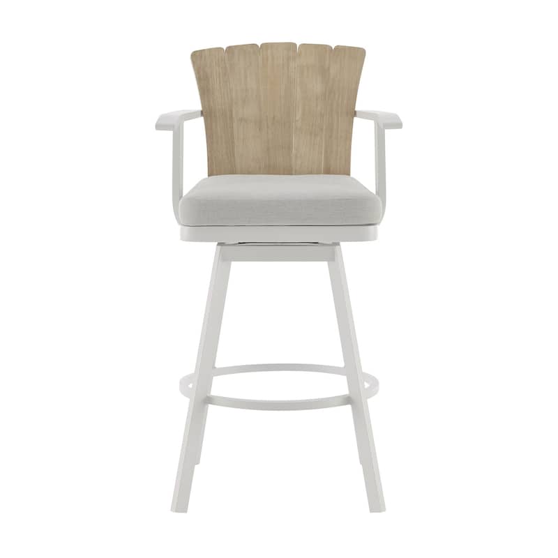 Luna 26 Inch Outdoor Swivel Counter Stool Chair, Rustic Teak Wood, White