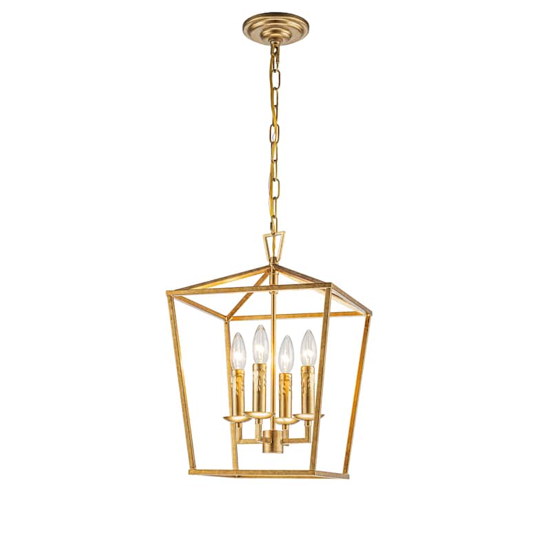 OB - 4-Light Modern Antique Brass Candle Style Lantern Chandelier Coastal Farmhouse Gilded Iron Cage Hanging Light - Antique Gold