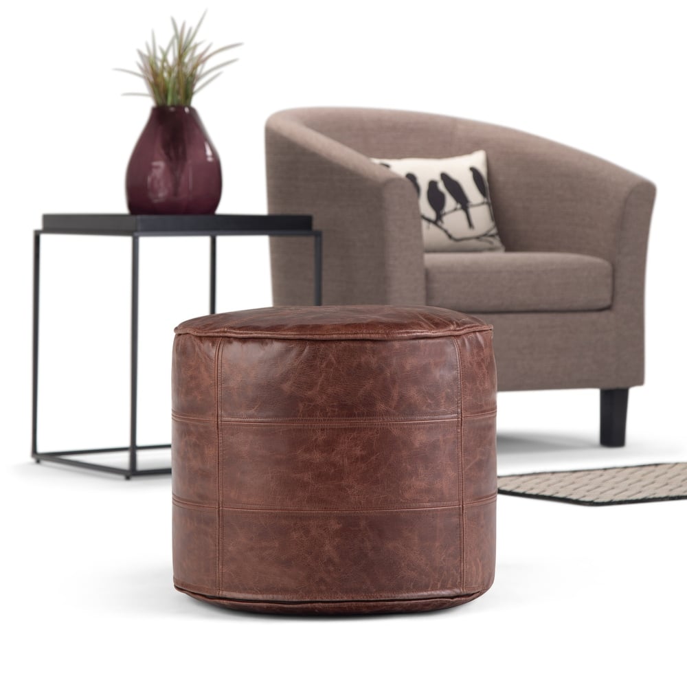 WYNDENHALL Darian Round Pouf in Genuine Leather