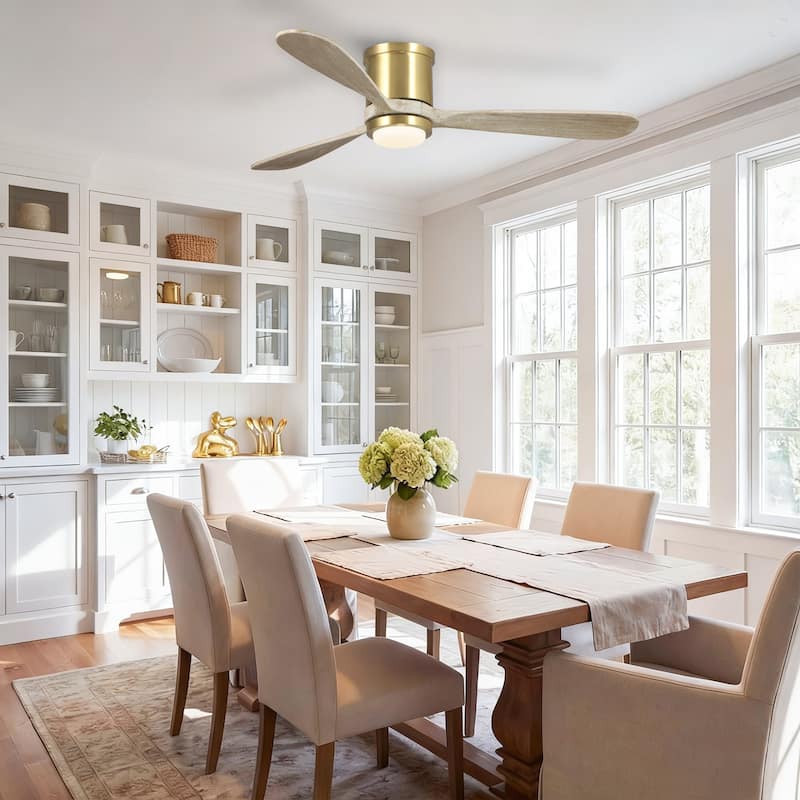 52" Solid Wood 3-Blade Gold Flush Mount Ceiling Fan with Light and Remote