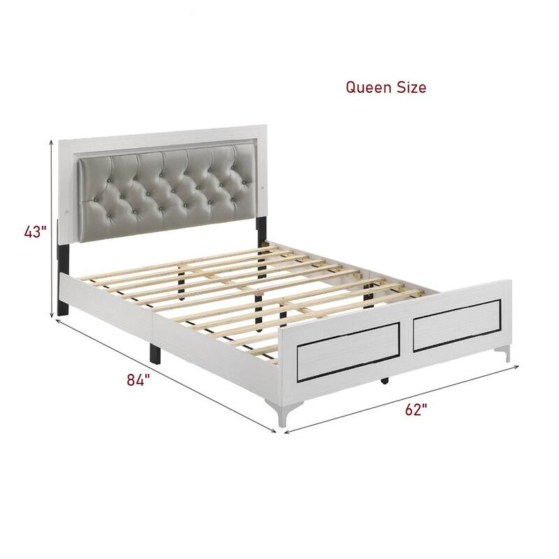 Queen Size Platform Bed with LED Light Headboard in White Finish and Gray PU Upholstery