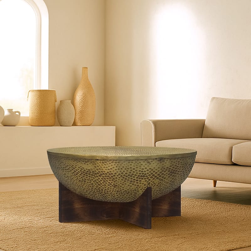 Arden Coffee Table, Round Hammered Metal Top, Mango Wood Base, Antique Brass