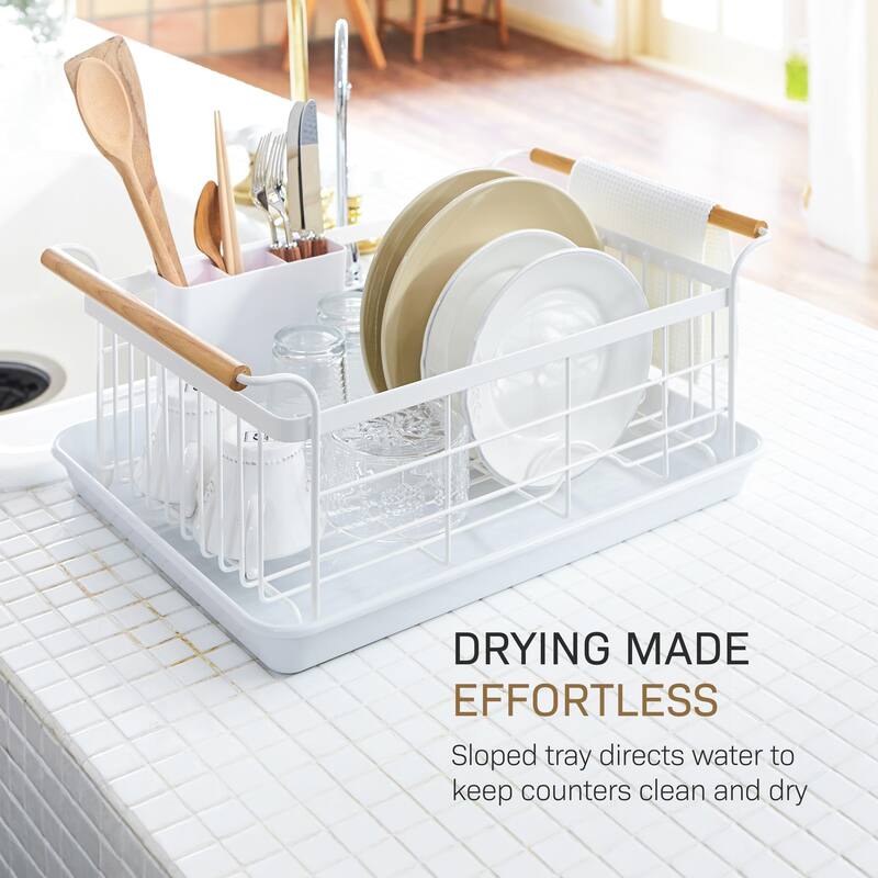 Yamazaki Home Dish Rack, Steel and Wood, Holds 22 lbs - L 13.19 x W 18.5 x H 7.87 inches