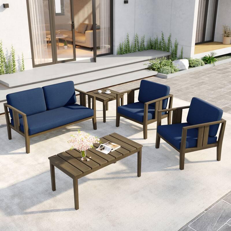 5-Piece Patio Furniture Solid Teak Outdoor Conversation Set