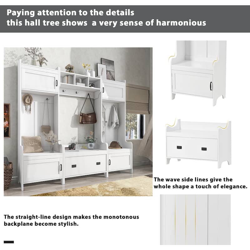 Modern 4-in-1 Hall Tree with Bench, 7 Metal Hooks, Storage Drawer & 4 Cabinets, Entryway Coat Rack Organizer