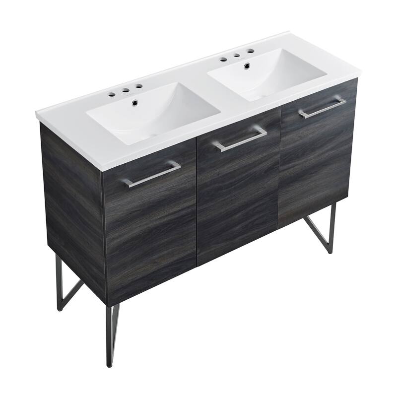 Annecy 48 In. Black Walnut, Double Basin Bathroom Vanity With White, 3-Hole Ceramic Sink Top