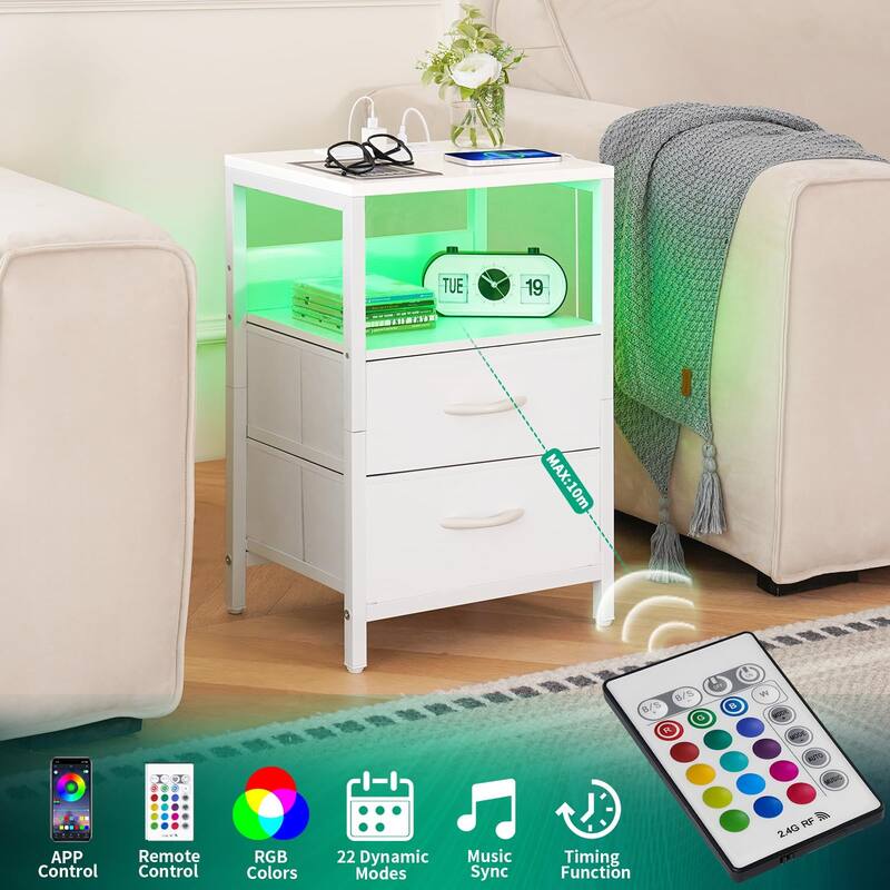 Nightstand with Charging Station,LED Night Stand with Fabric Drawers and Storage Shelf,Nightstands Bedside Tables with USB Ports