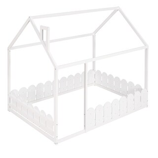Full Size Wooden House Bed Frame with Roof and Fence-Shaped Guardrail for Girls, Boys, Slats are not Included, White