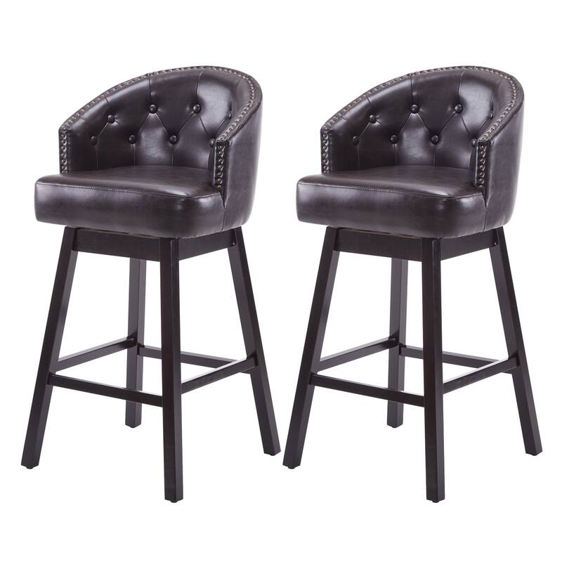 Set of 2, 33.25" Swivel Counter Stools with Faux Leather Cushion, Solid Rubber Wood Frame, Armless Design - Brown