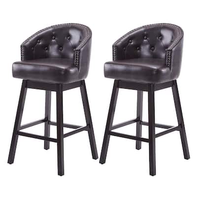 Set of 2, 33.25" Swivel Counter Stools with Faux Leather Cushion, Solid Rubber Wood Frame, Armless Design