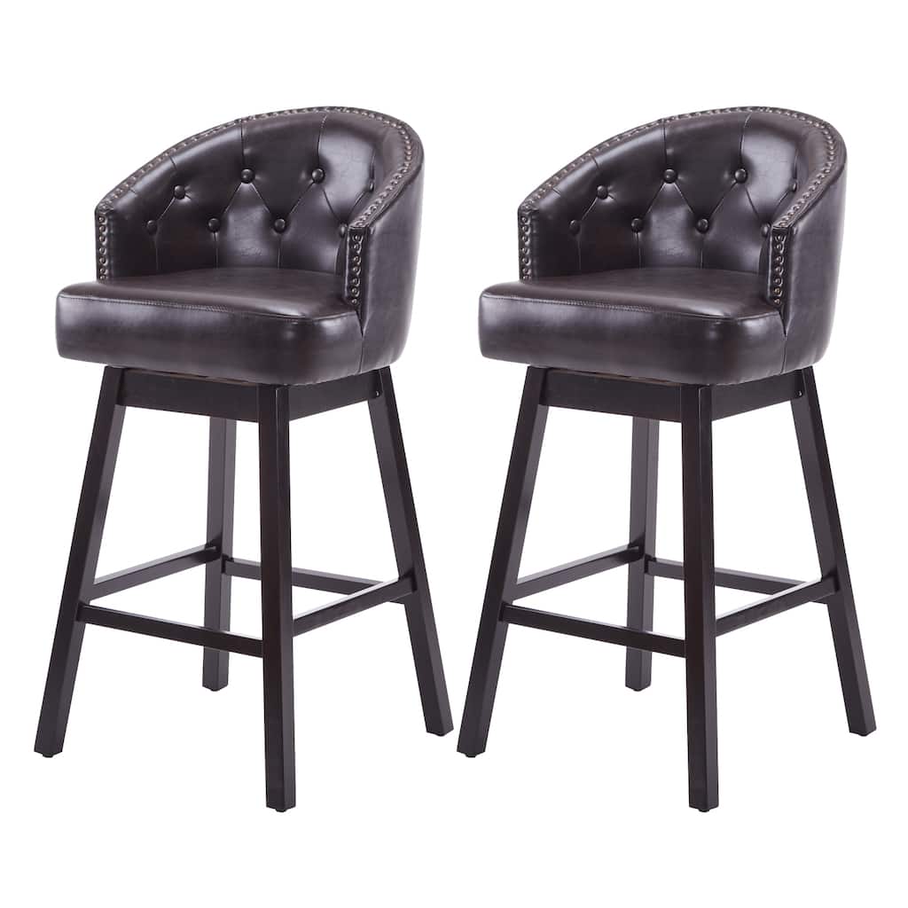 Set of 2, 33.25" Swivel Counter Stools with Faux Leather Cushion, Solid Rubber Wood Frame, Armless Design