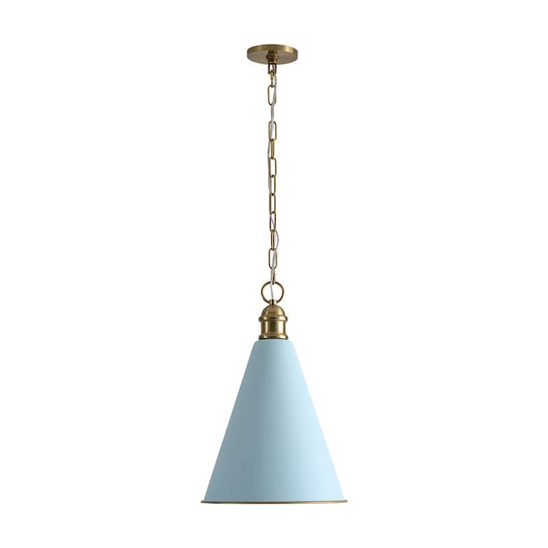 Scandinavian Aged Brass Light Blue Iron Conical Pendant Light