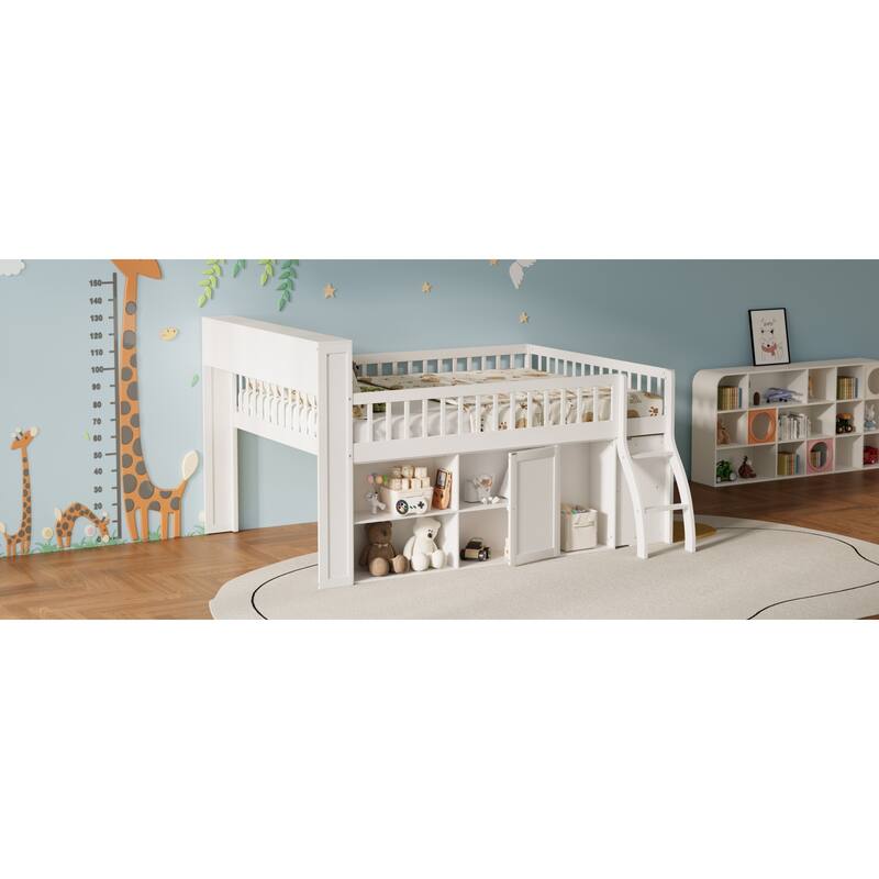 Roomfitters Full/Queen Loft Bed with Storage Shelves and LED Headboard