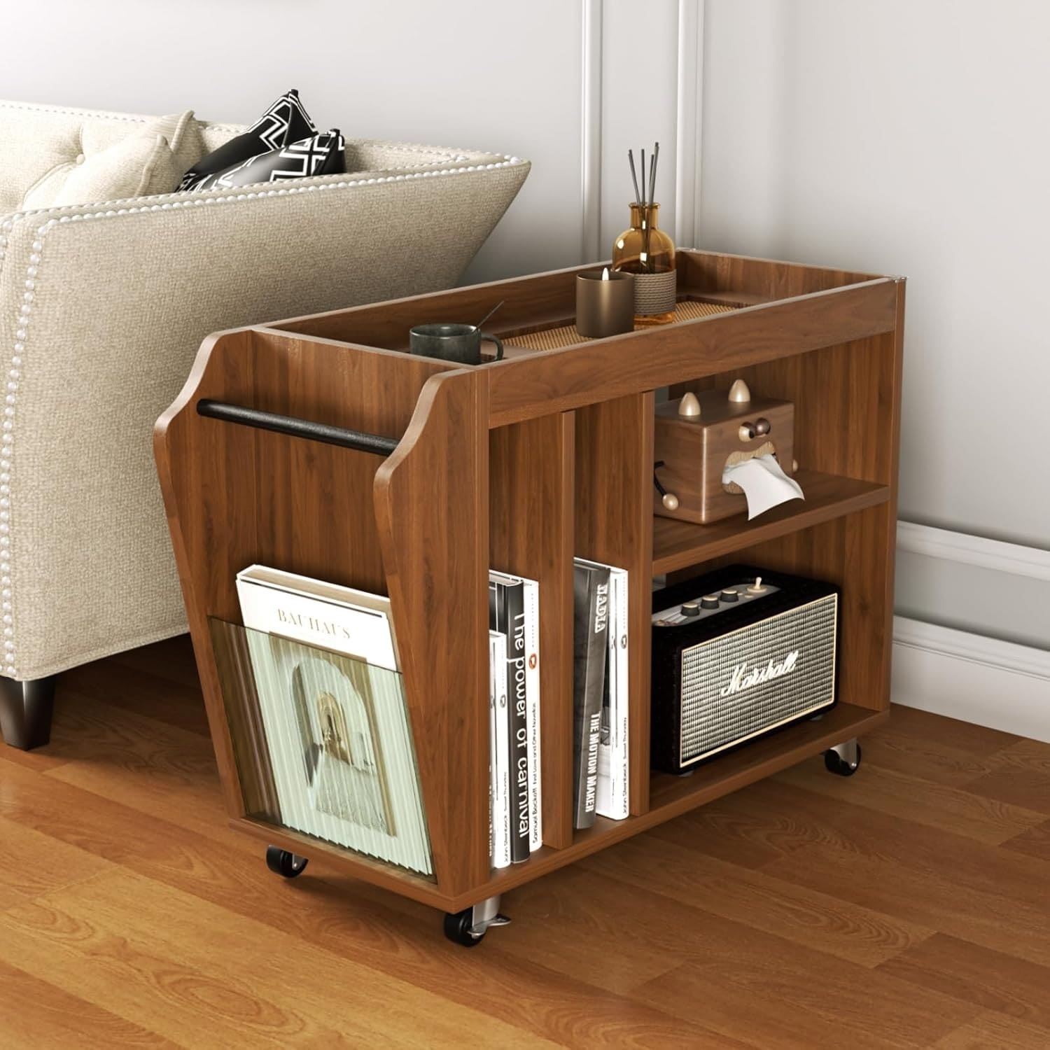 Slim Side Table with Wheels, 6 Compartments & Removable Tray