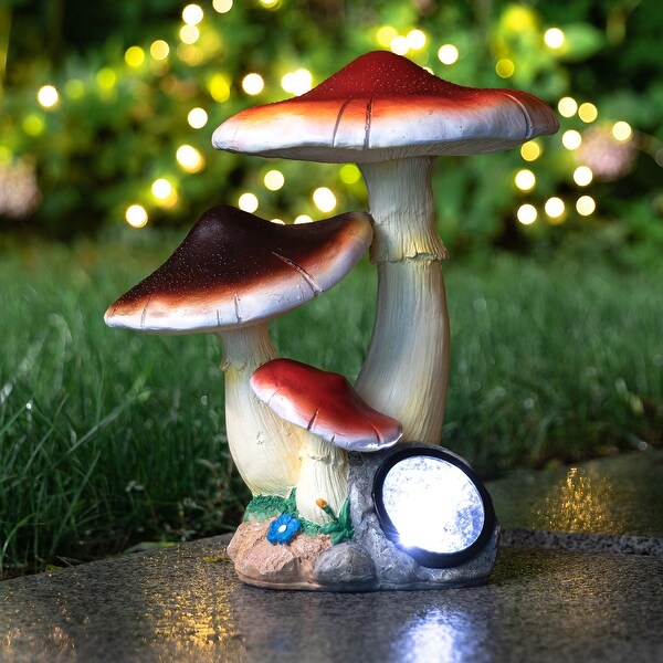 Glitzhome Resin Rooster Mushroom Solar Powered Statues Outdoor