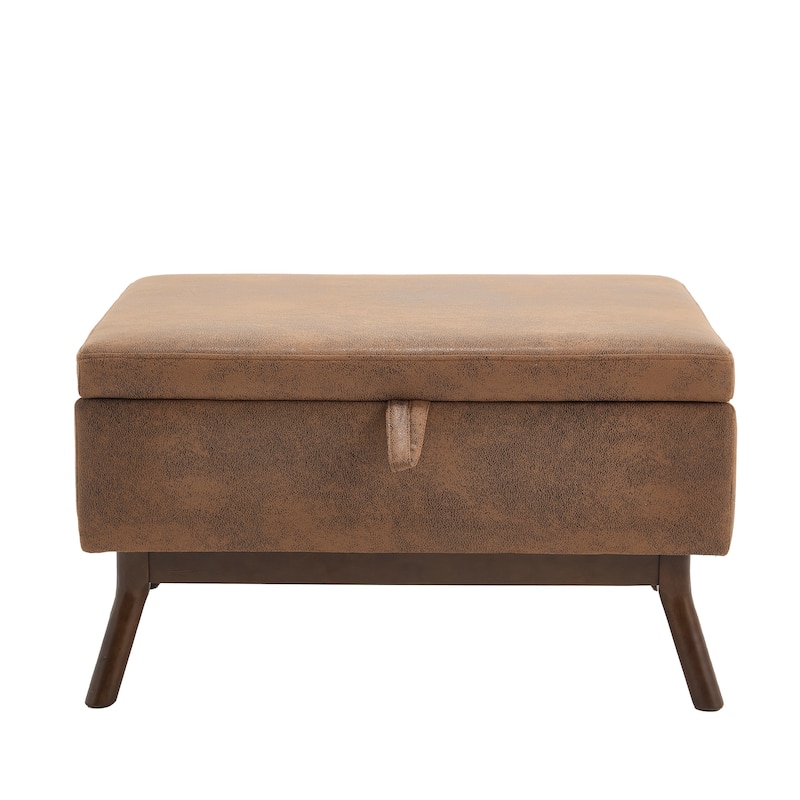 Mid-Century Modern Storage Ottoman, Square Upholstered Coffee Table, Shoe Bench with Hidden Storage & Wood Legs