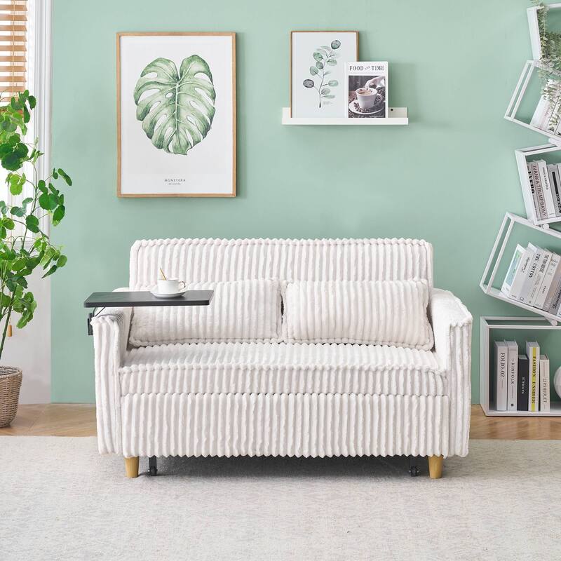 Pull Out Corduroy Sofa with USB Port - Beige