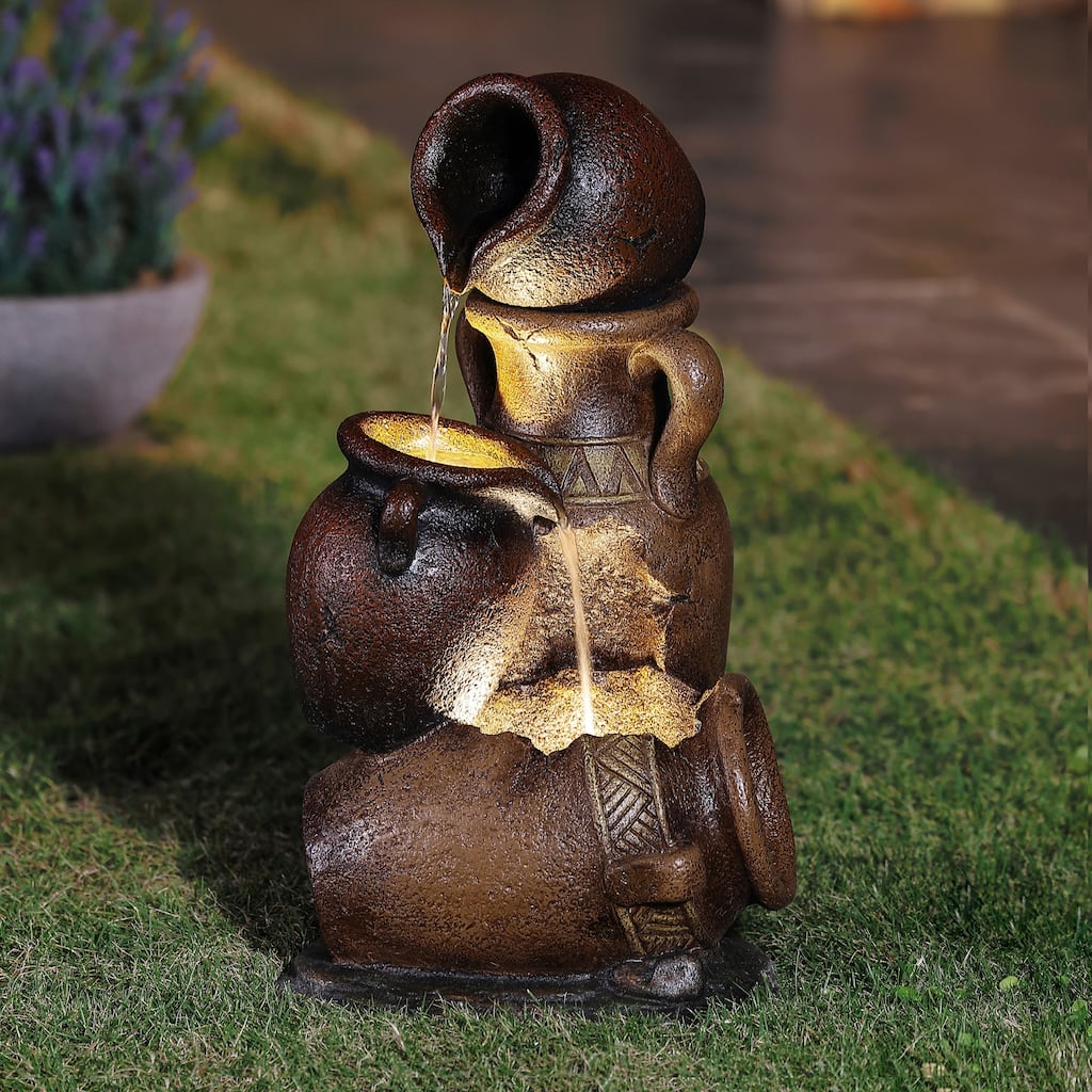 Brown Urns Resin Outdoor Fountain with LED Lights
