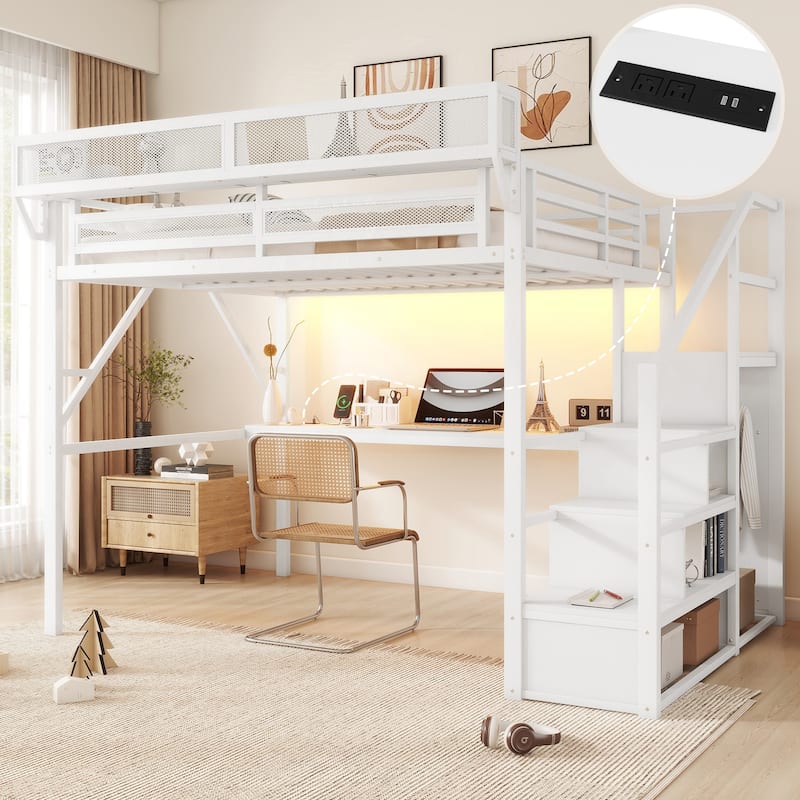Iron Loft Bed Frame with Desk, Charging Station, Bedside Shelf and Wardrobe, Heavy Duty Metal Loftbed with LED Lights