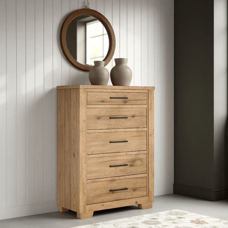 Dani Tall Dresser Chest, 5 Drawer, 58 Inch Rustic Brown Solid Hardwood