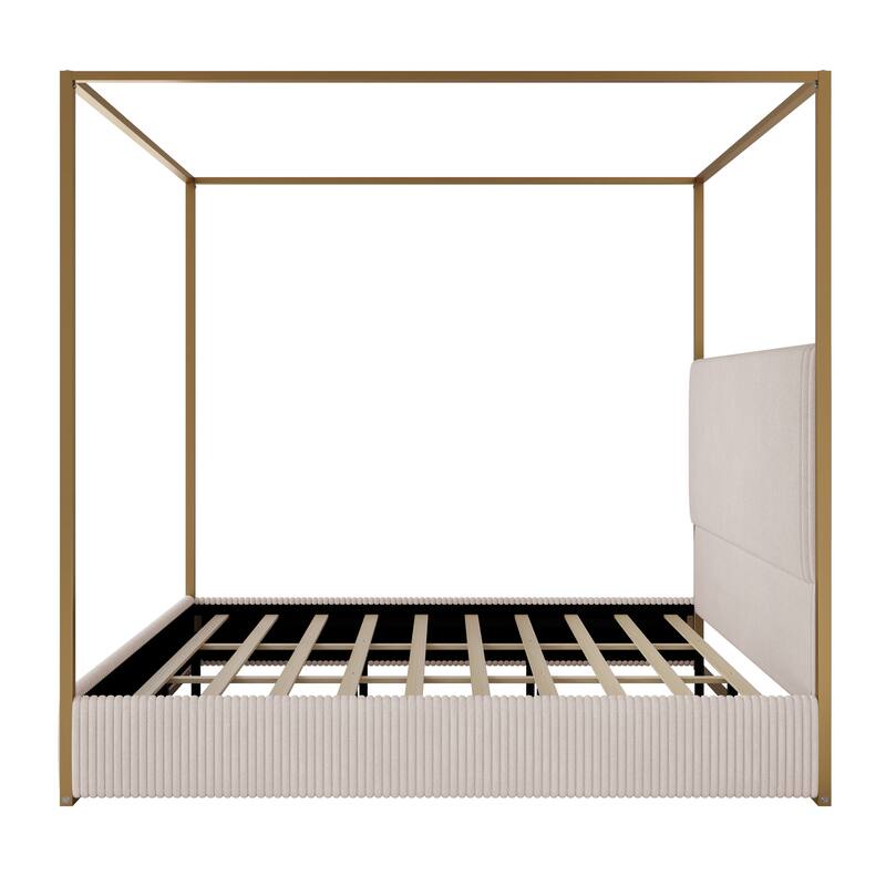 Queen/King Modern Luxury Metal Canopy Bed with Tall Corduroy Upholstered Headboard and Gold Four Poster, No Box Spring Needed