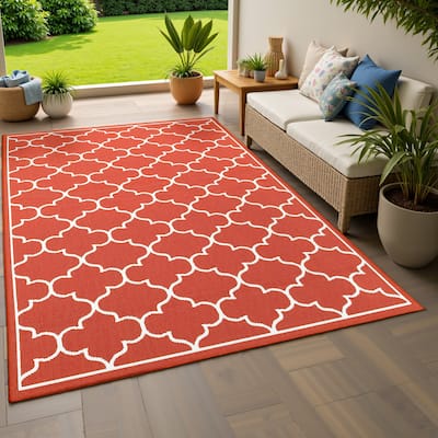 Style Haven Martinique Off-White/Brick Red Lattice Indoor Outdoor Rug-