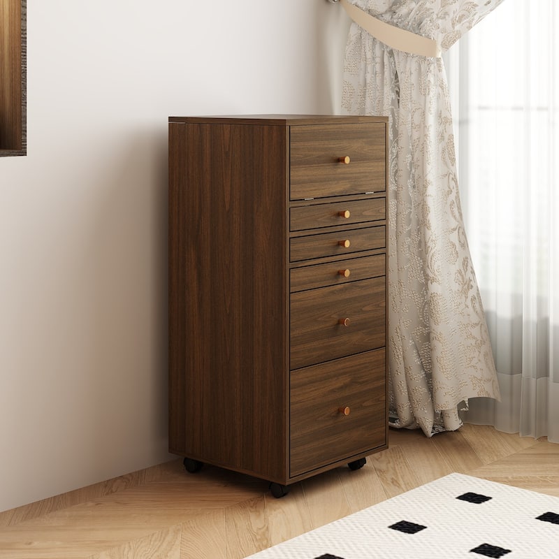 Rolling Makeup Vanity Cabinet with LED Light Mirror, Walnut Tall Dresser with 9-Grid Organizer, Drawers & Tilt-Out Storage